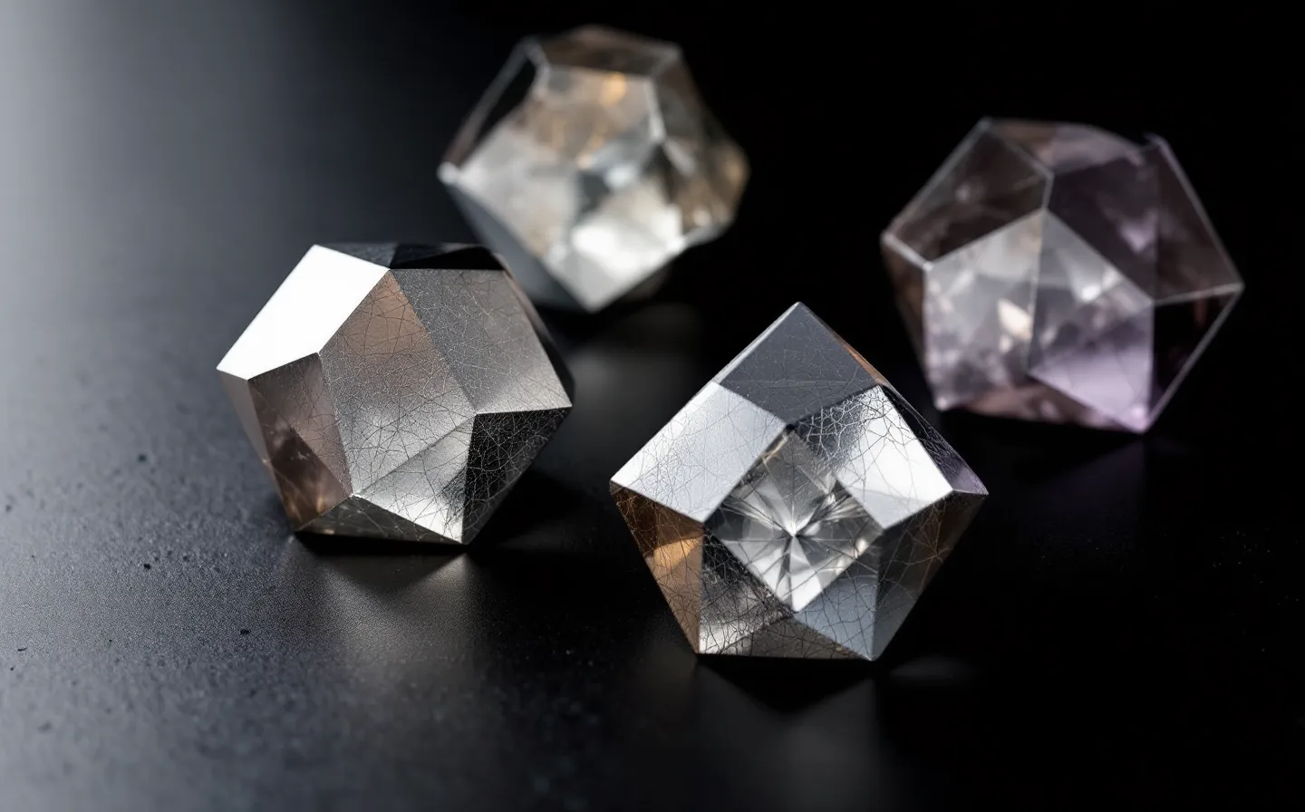 Restrained luxe composition of four finely-machined platinum facets — cool-steel, copper, platinum-blue and amethyst-steel — for the four KLOW peptides on a deep onyx ground, connected by a single champagne thread
